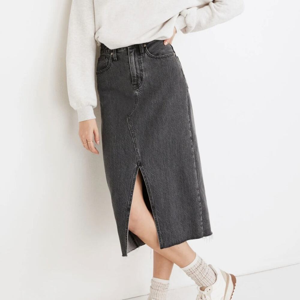 Madewell Rigid Denim A-Line Midi Skirt in Castlerock Wash